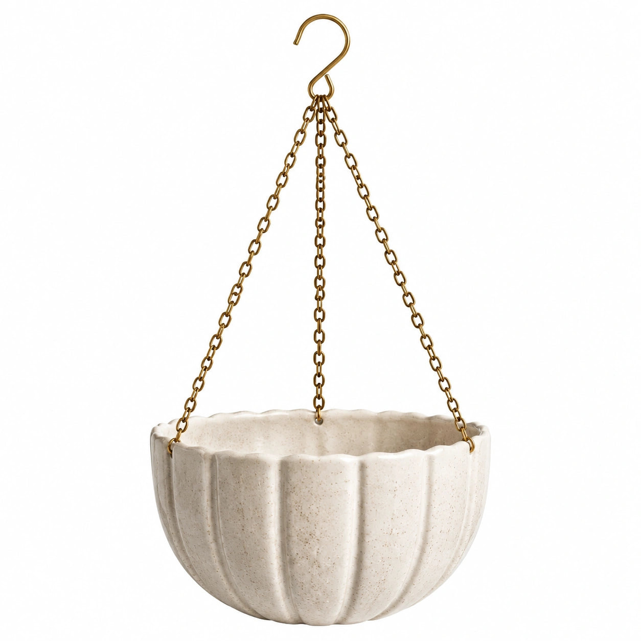 Pot de fleurs suspendu diamètre 20 cm en céramique blanc cassé avec chaînes métalliques style côtelé