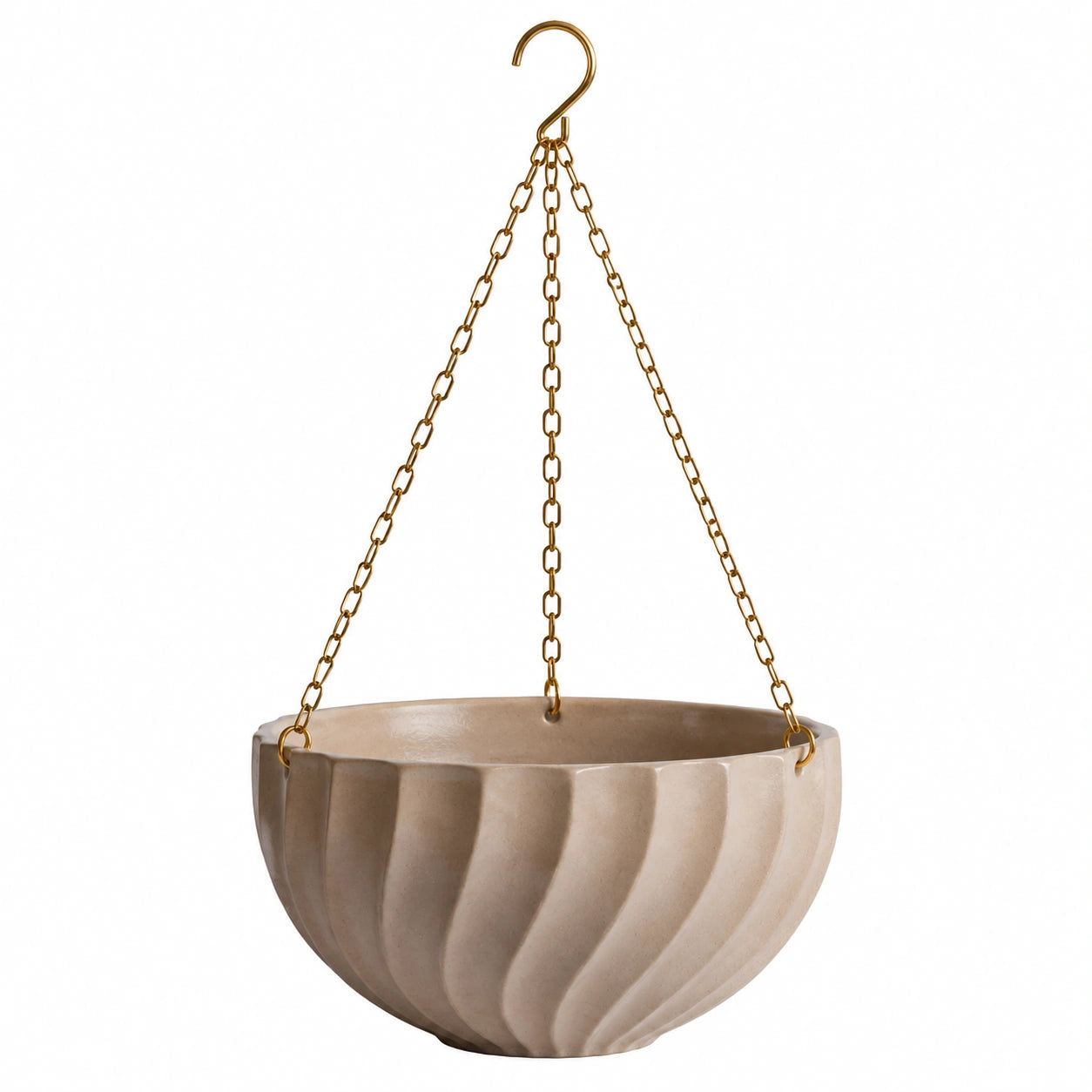 Pot de fleurs suspendu diamètre 25 cm en céramique beige avec chaînes métalliques style texturé