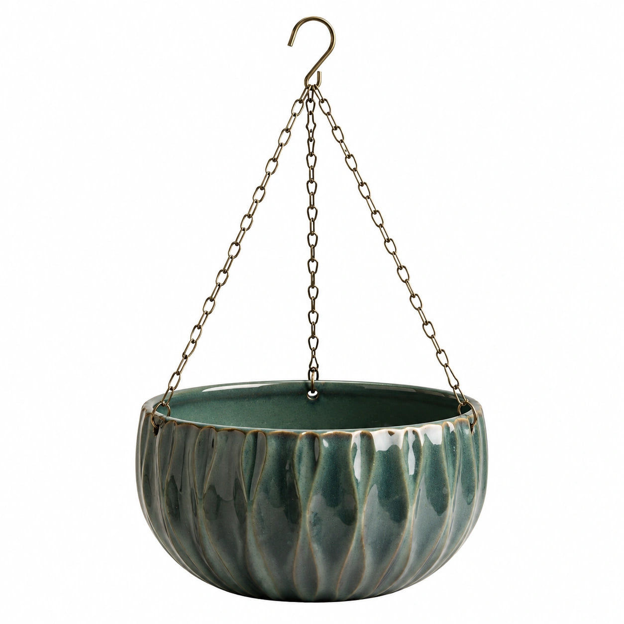 Pot de fleurs suspendu Ø20 cm en céramique vert émaillé avec chaînes métalliques