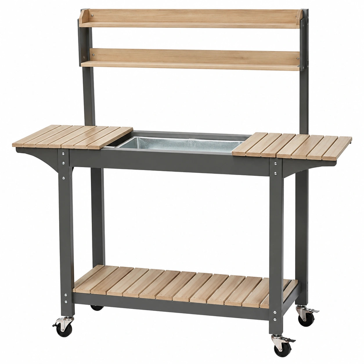 Table de jardinage 120 x 60 x 160 cm en bois et métal gris avec bac galvanisé et roulettes