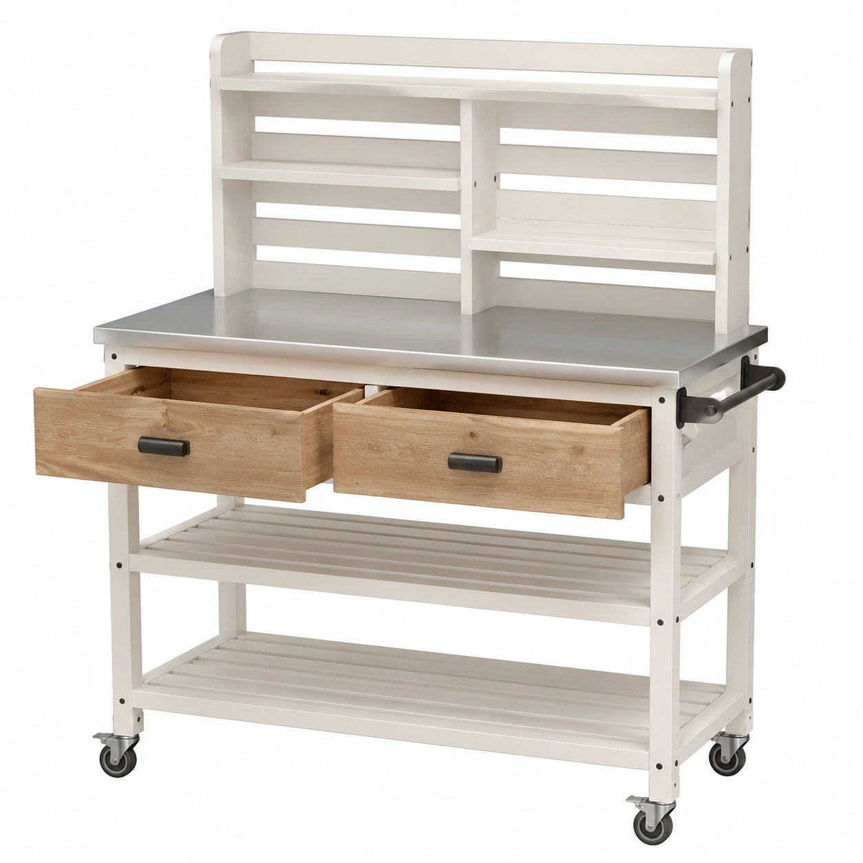 Table de jardinage 115 x 55 x 160 cm en bois blanc et plan de travail métallique avec roulettes