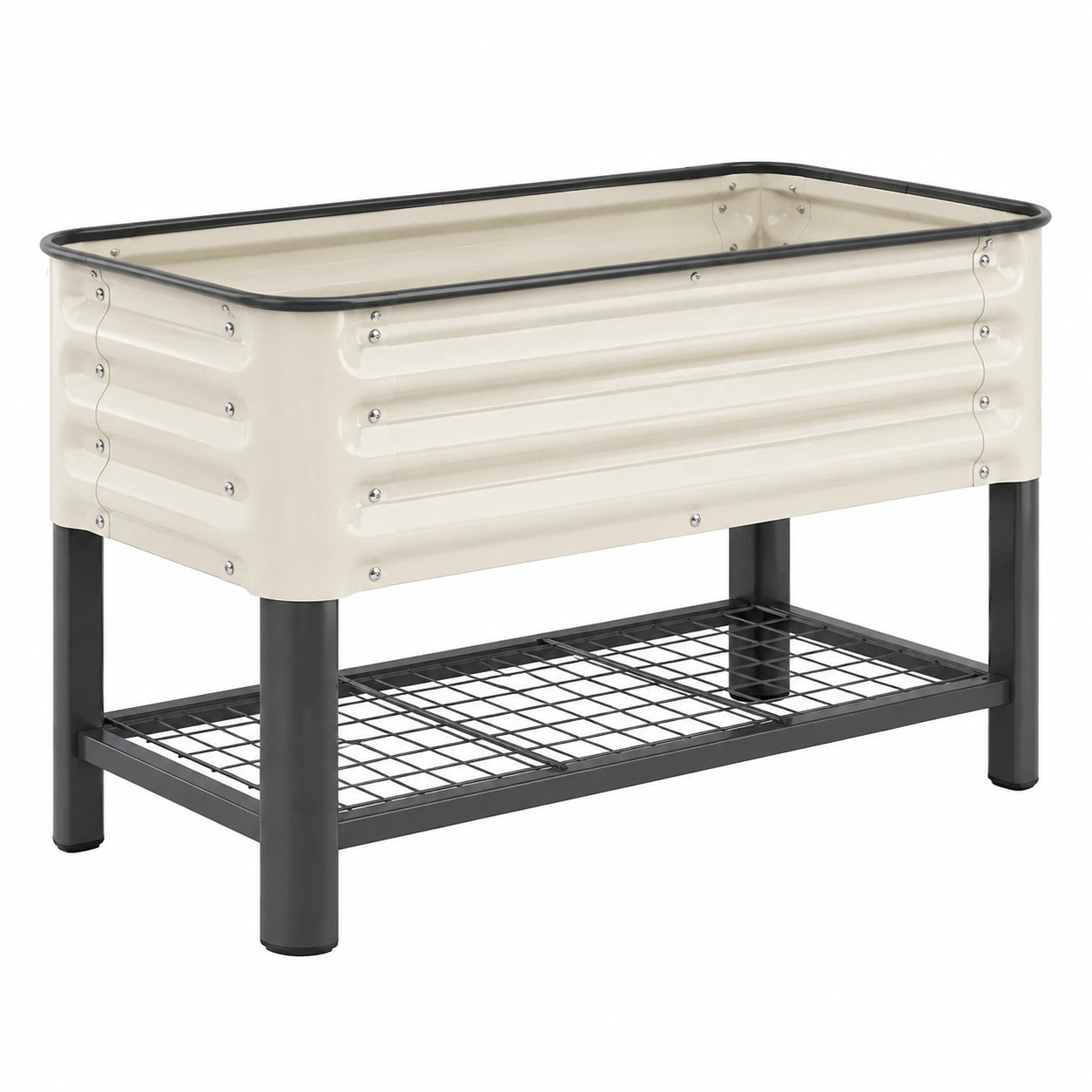 Bac de jardin surélevé 100 x 50 x 80 cm en métal crème et noir avec étagère de rangement