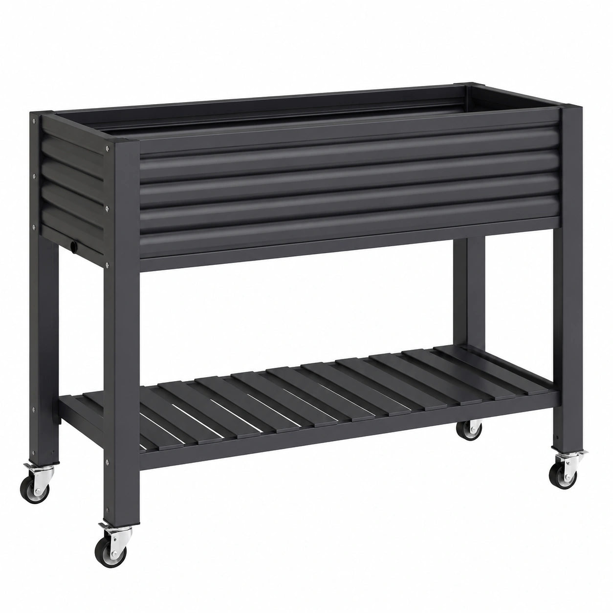 Jardinière surélevée 100 x 50 x 90 cm en acier noir avec roulettes et étagère de rangement