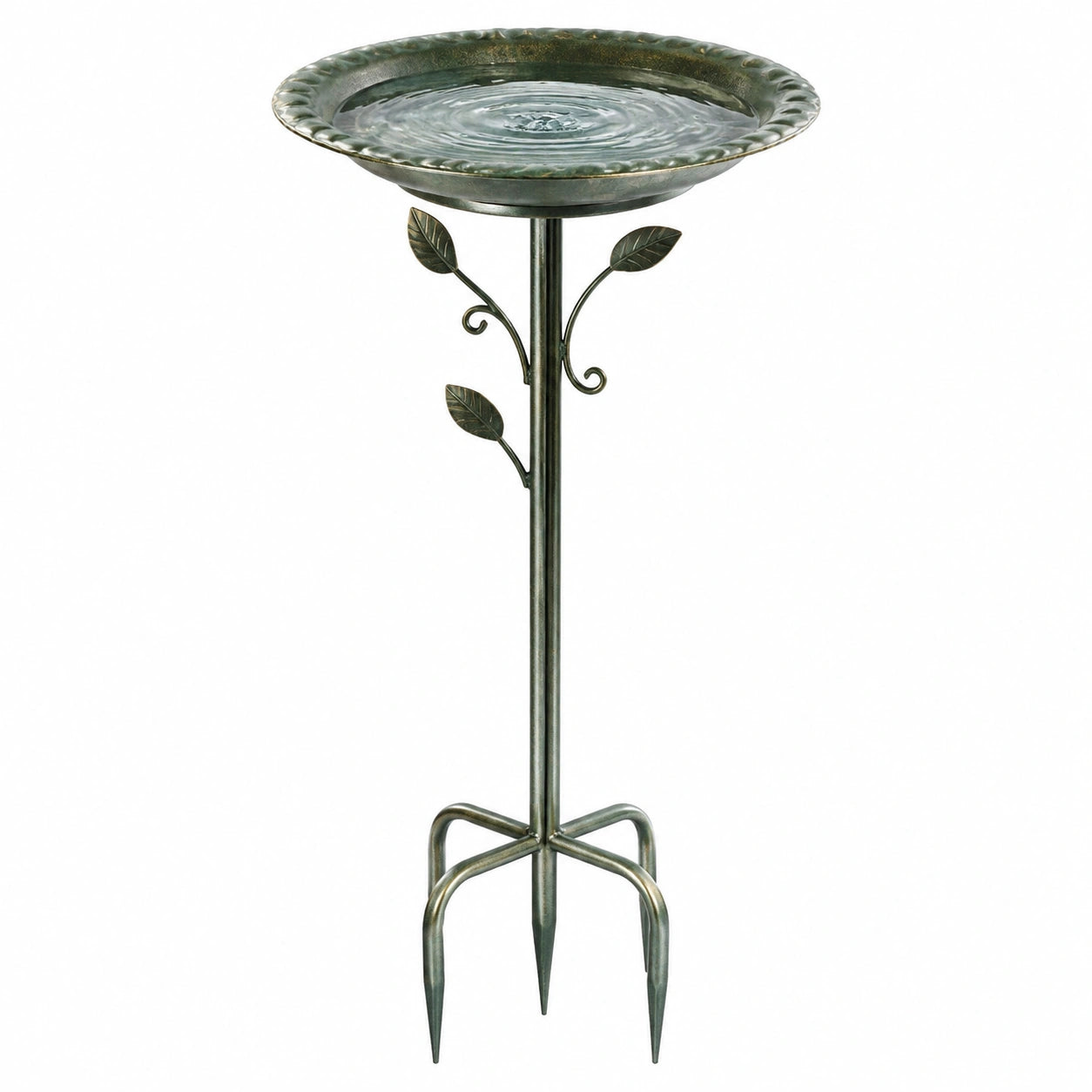 Bain d’oiseaux sur piquet en métal vert diamètre 36 cm style végétal pour jardin