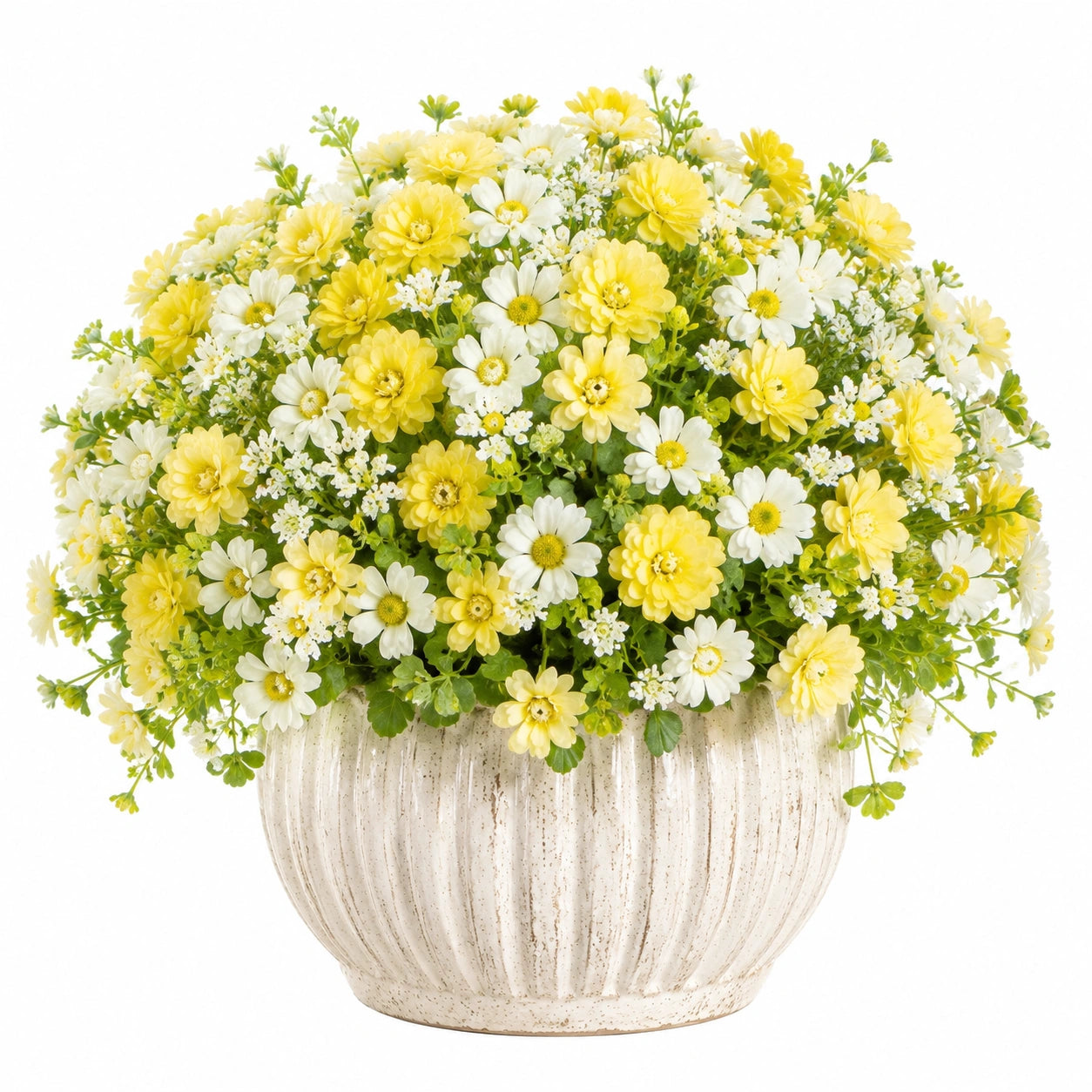 Plante artificielle en pot 45 cm fleurs jaunes et blanches en tissu décorative