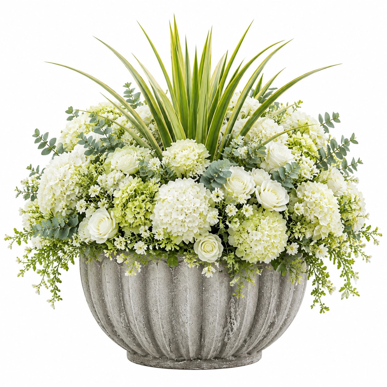 Composition florale artificielle 70 cm polyester blanc vert pot ciment décoration intérieure
