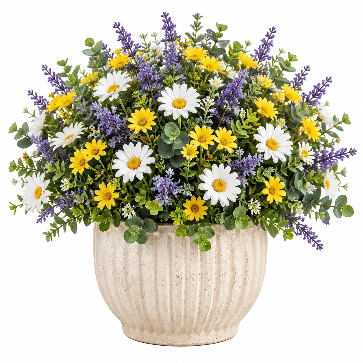Plante artificielle en pot 55 cm fleurs marguerites jaune blanc violet pot céramique décoratif