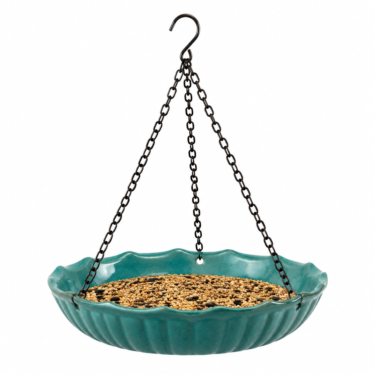 Mangeoire à oiseaux suspendue diamètre 25 cm en céramique turquoise avec chaînes métalliques