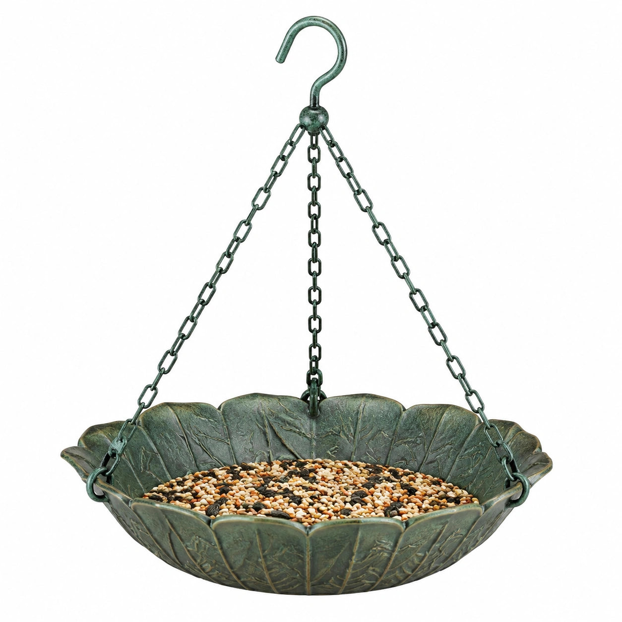 Mangeoire à oiseaux suspendue diamètre 30 cm en métal vert motif feuilles pour jardin