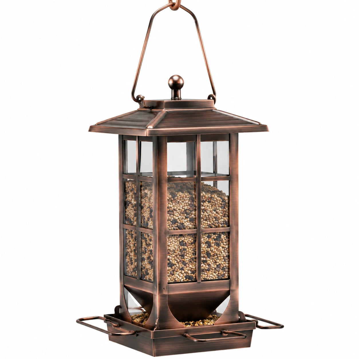 Mangeoire à oiseaux 22 x 38 cm en métal bronze à suspendre avec réservoir transparent
