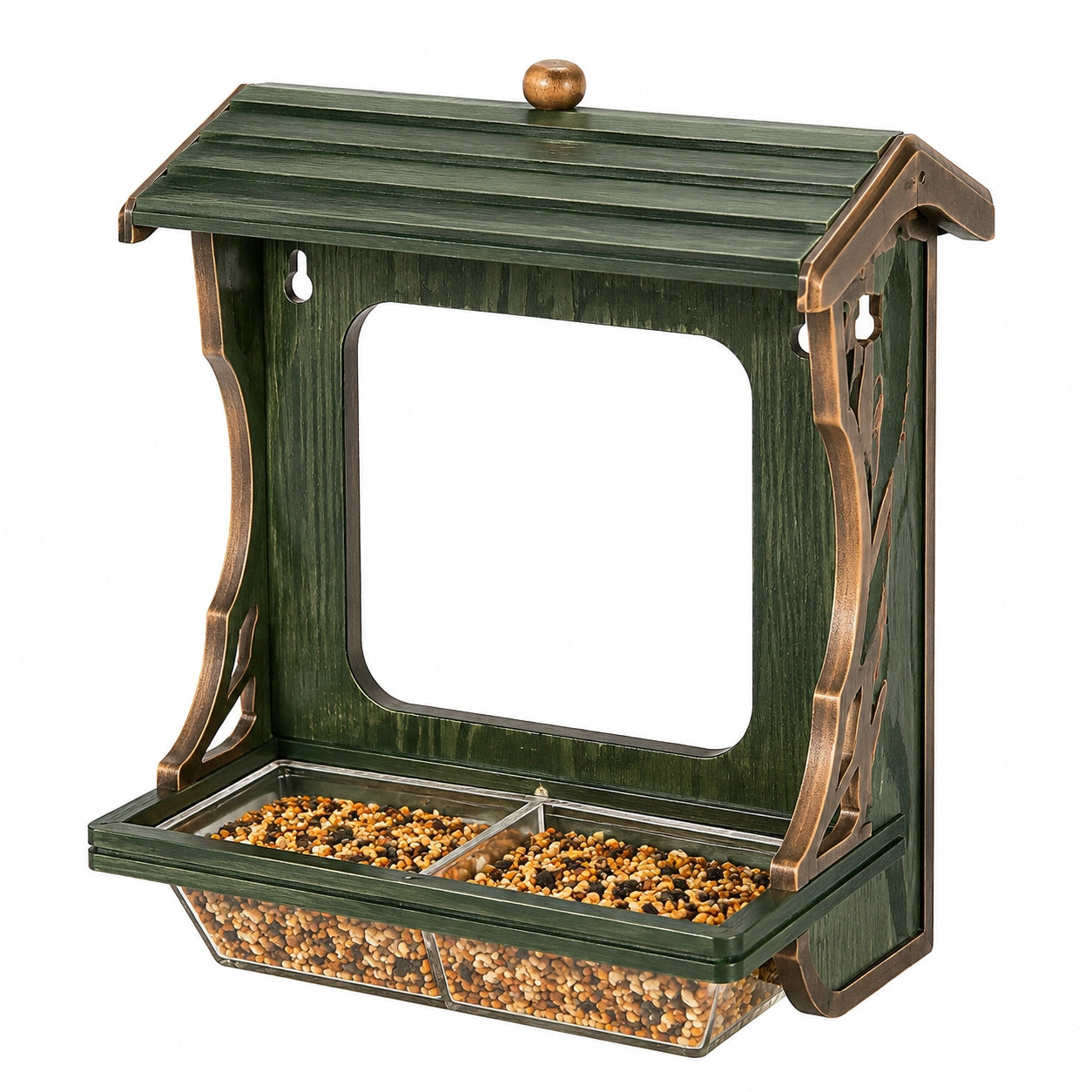 Mangeoire à oiseaux murale 30 x 18 x 35 cm en bois vert avec réservoir transparent